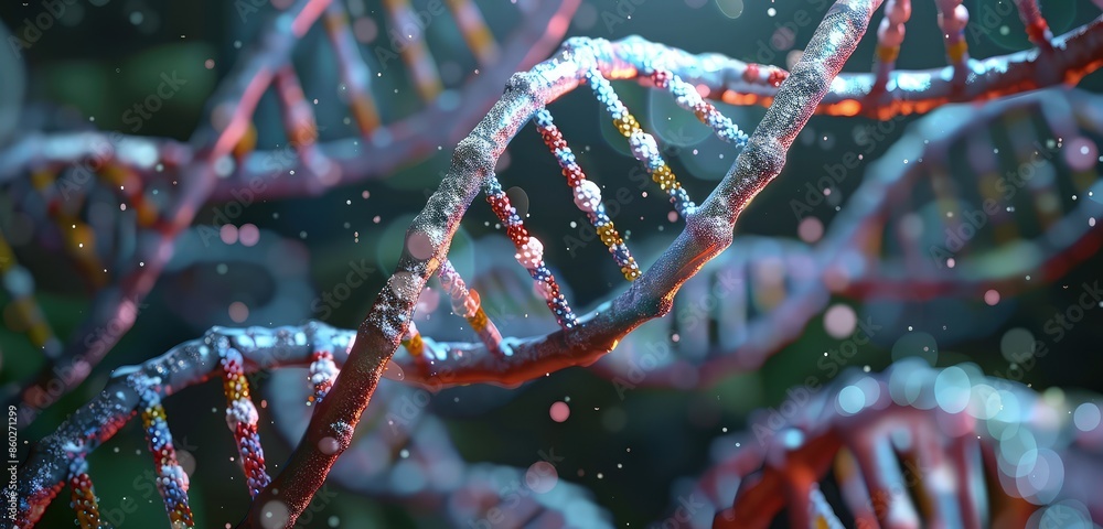 Poster a high-resolution 3d rendering of a dna molecule, emphasizing the nucleotide pairs and the helix's s