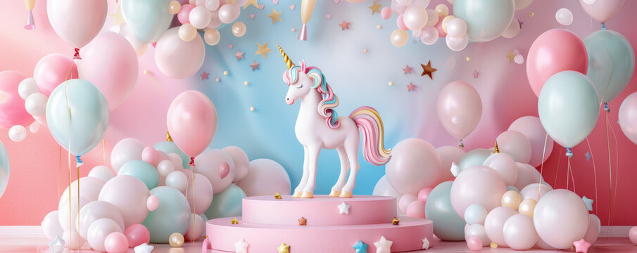 A podium with balloons in a unicorn theme, featuring pastel colors and magical elements against a whimsical birthday background