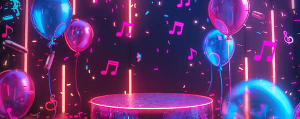 A podium highlighted by neon balloons, set against a vibrant, nightlife-themed birthday background with club lights and music notes