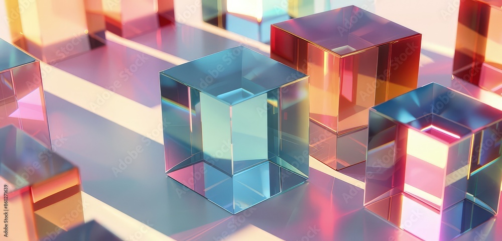 Poster a high-resolution 3d rendering of gradient glass cubes, highlighting the interplay of light and shad