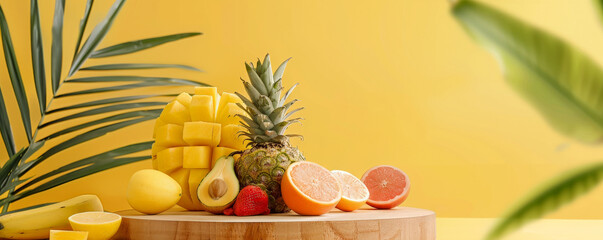Bright yellow background with a round wooden podium for displaying fruit. The platform features subtle engravings of tropical fruits, creating a lively and fresh atmosphere