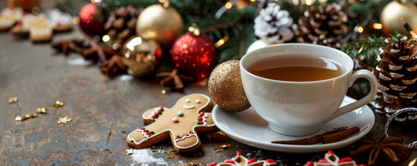 Fototapeta premium A festive tea background with a cup of holiday spiced tea, gingerbread cookies, and Christmas ornaments arranged on a table