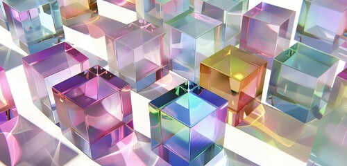 A high-resolution 3D rendering of gradient glass cubes, highlighting the interplay of light and shadow through the transparent surfaces and vivid color transitions.