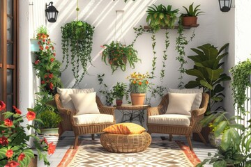 Obraz premium A cozy outdoor space with a living wall featuring various plants and greenery,