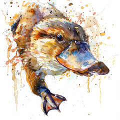 A curious platypus swimming, depicted in fluid watercolor strokes, beautifully isolated on a pristine white background