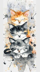 Wall sticker. Graphic, colored hand-drawn sketch with splashes of watercolor depicting three cute cats on a horizontal surface