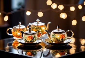 Fototapeta premium elegant tea set sparkling fairy lights background, porcelain, cups, saucers, teapot, spoons, delicate, design, festive, pattern, charming, atmosphere, cozy,