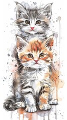 Wall sticker. Graphic, colored hand-drawn sketch with splashes of watercolor depicting three cute cats on a horizontal surface