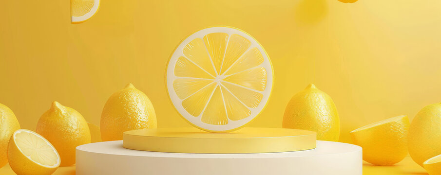 Yellow citrus-themed background with a sleek, modern podium in the shape of a lemon slice. Ideal for showcasing fruit products with a fresh and zesty vibe