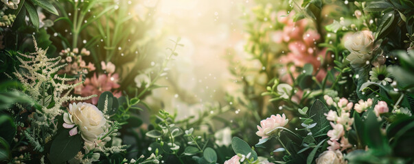 Garden party wedding mockup card background with lush green foliage, blooming flowers, and a touch of rustic wood. Soft sunlight filtering through adds a warm, inviting feel.