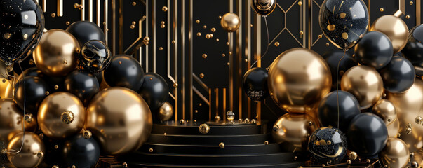 A podium highlighted by black and gold balloons, set against an elegant, sophisticated birthday background with art deco elements