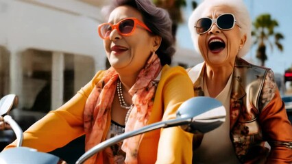 Two happy dressed up Asian senior ladies in sunglasses having fun riding a motorcycle in the city
