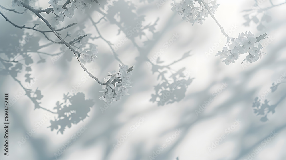 Poster blurred overlay effect for photo gray shadows of cherry tree blooming branches on a white wall abstr