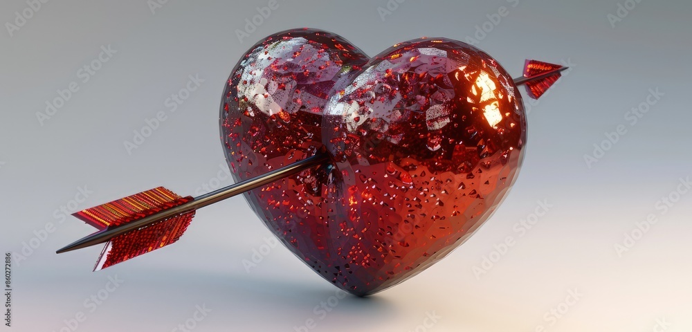 Poster a high-resolution 3d rendering of a love heart with an arrow through it, highlighting the detailed t