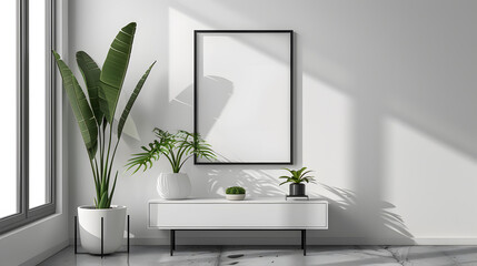 Modern Grey Gallery Room Interior with Drawer and Decorative Plants