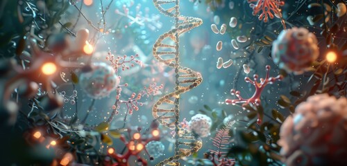 A beautiful 3D rendered scene of a DNA helix, surrounded by abstract representations of cells and other biological elements, highlighting the genetic code's intricacy.