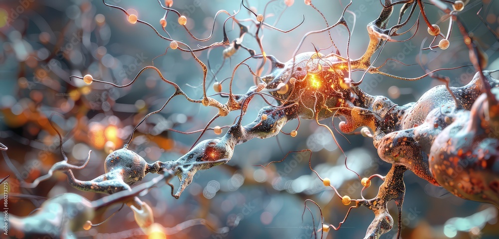 Poster a high-resolution 3d rendering of a neuron, showing detailed connections and synaptic activity, set 