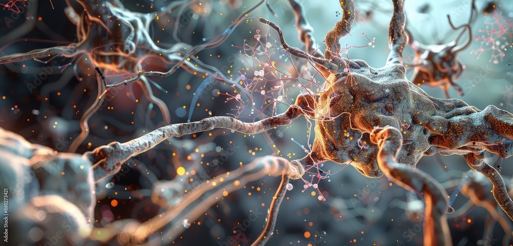 Poster a high-resolution 3d rendering of a neuron, showing detailed connections and synaptic activity, set 