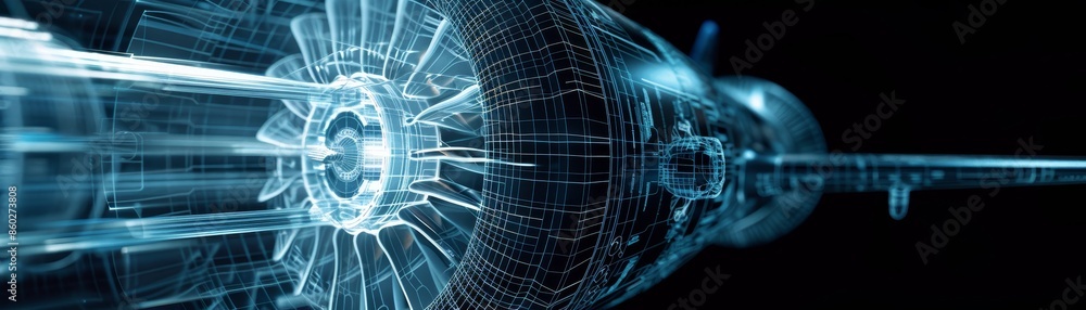 Aufkleber jet engine wireframe: a blueprint of flight - a digital wireframe rendering of a jet engine, illumin