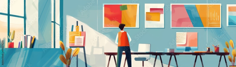 Poster a man in a room with abstract art and a desk - a man stands in a room with abstract art hanging on t