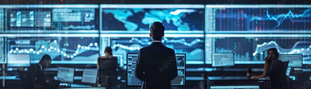 Poster analyst observing stock market data on wall of screens - a man in a suit stands in front of a wall o