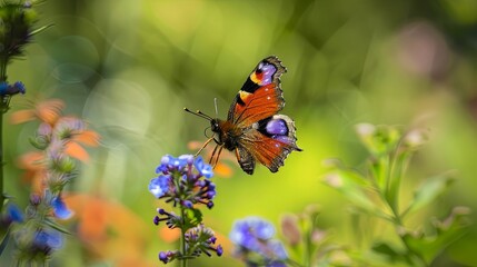 Vibrant Garden Scene with Bees and Butterflies Pollinating Colorful Flowers: Detailed Entomology Study on Insect Pollination Processes and Ecosystem Dynamics