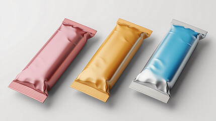 A mockup of a colorful wrapper for a candy bar, 3D illustration 