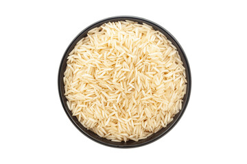 Organic White Rice (Oryza sativa), in a black ceramic bowl. Isolated on a white background. Top View