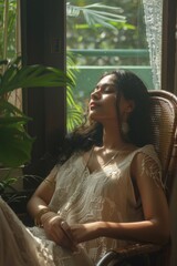 Fototapeta premium A woman sits in a chair next to a window with sunlight streaming in