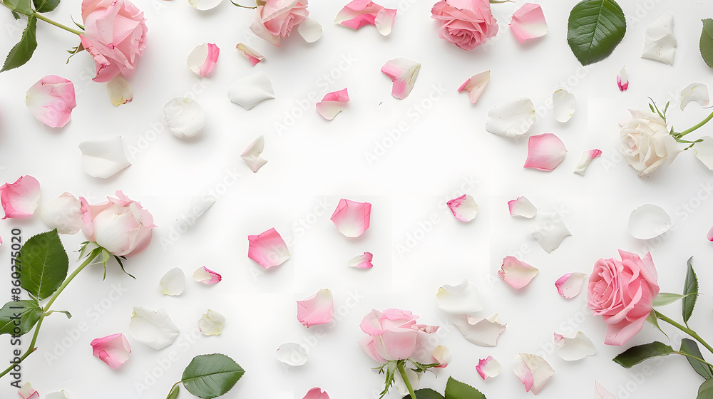 Poster flat lay frame with pink and white roses branches leaves and petals isolated on white background top