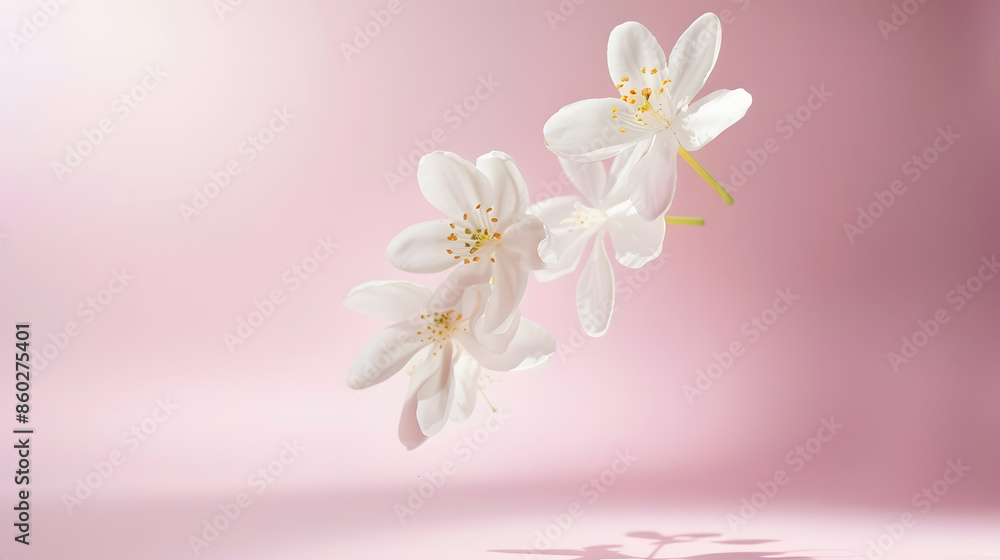 Poster jasmine bloom a beautifull white flower of jasmine falling in the air isolated on pink background le