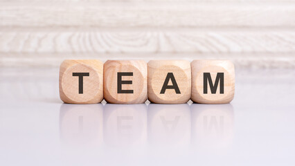 the word team is written on a wooden blocks structure. Blocks on a bright gray background. Selective focus.