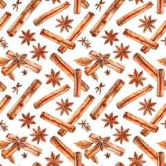 Seamless pattern with spices cinnamon, badyan on white background. For invitations, cafe, restaurant food menu, print, kitchen design, cards, package.