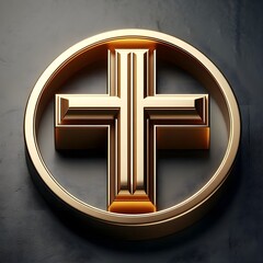 Christian cross 3d realistic shiny gold logo on black background mockup