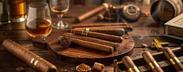 A selection of premium handcrafted cigars displayed on a sleek wooden surface. The scene includes elegant details such as a gold cigar cutter, a glass of fine cognac, and the rich, inviting aroma of