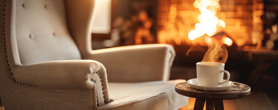 A cozy coffee background with a fireplace in the background, a comfy armchair, and a steaming cup of coffee on a side table, creating a warm and inviting atmosphere