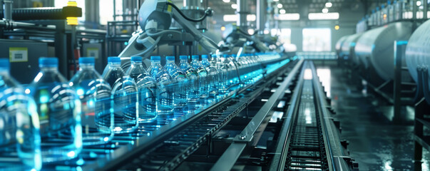Fototapeta premium A state-of-the-art bottling factory production line in the beverage industry, showcasing advanced automation technology. The scene includes robotic arms filling and capping bottles with precision, a
