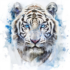 A majestic white tiger with striking blue eyes, depicted in vibrant watercolor shades, beautifully isolated on a pristine white background