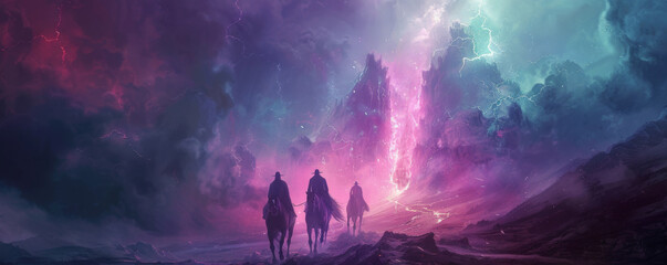 A mystical portrayal of the Four Horsemen of the Apocalypse emerging from a rift in the sky, their horses glowing with an otherworldly light. The background is a twilight landscape with eerie,
