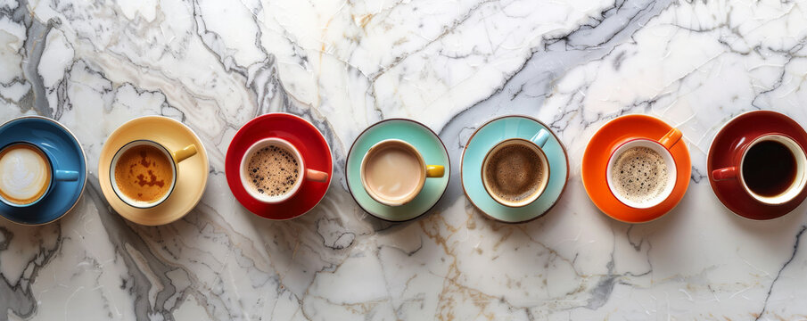 A dynamic coffee background with an array of coffee cups and saucers in different colors and patterns, arranged on a marble countertop