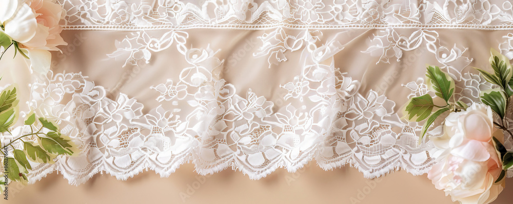 Poster elegant wedding mockup card background featuring a soft white lace texture with delicate floral patt