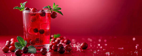 A refreshing fresh juice background with a glass of cranberry juice, garnished with fresh cranberries and mint leaves, set against a bright red backdrop
