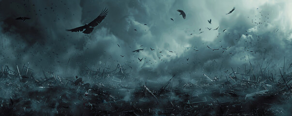 Naklejka premium Dark Gothic fantasy background featuring a desolate battlefield with broken weapons and armor scattered across the ground. The sky is dark and ominous, with crows circling overhead.