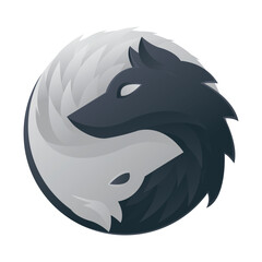 vector hand drawn illustration artwork two wolf heads forming yin and yang, wolf logo