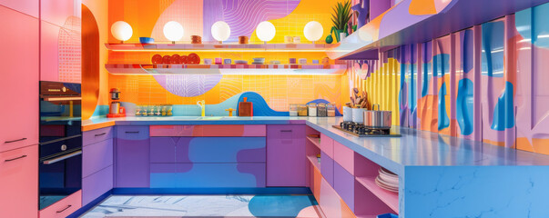 Artistic kitchen podium background with a vibrant, abstract backsplash, colorful cabinets, and creative lighting. Unique decor pieces and a bold, artistic vibe dominate the space.