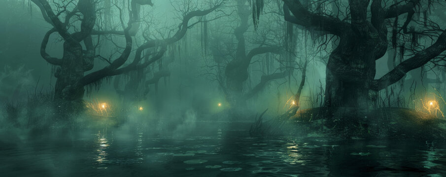 Dark Gothic fantasy background featuring a misty swamp with twisted, gnarled trees and eerie, glowing lights floating above the water. The atmosphere is thick with tension and the unknown.