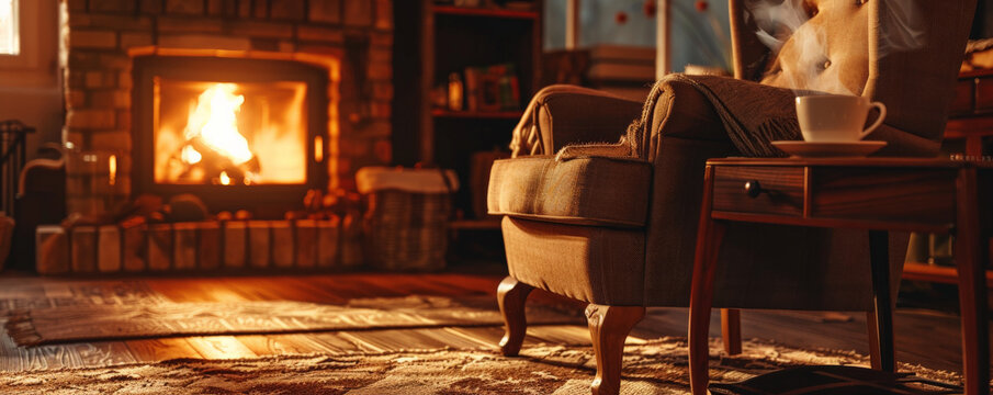 A cozy coffee background with a fireplace in the background, a comfy armchair, and a steaming cup of coffee on a side table, creating a warm and inviting atmosphere