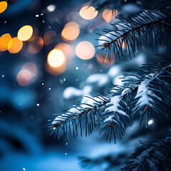 Pine trees covered with snow in winter with night atmosphere and bokeh lights