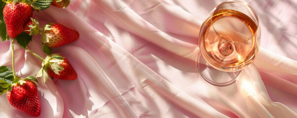 A serene wine background with a glass of ros√© wine, fresh strawberries, and a pink tablecloth, capturing a romantic and refreshing atmosphere