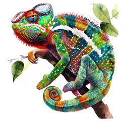 Obraz premium A vibrant chameleon blending with its surroundings, illustrated in detailed watercolor shades, beautifully isolated on a pristine white background